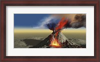 Framed active volcano belches smoke and molten red lava in an eruption