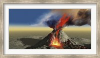 Framed active volcano belches smoke and molten red lava in an eruption