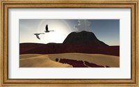 Framed Two swans fly over cooling lava flows from a recently active volcano