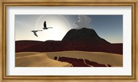 Framed Two swans fly over cooling lava flows from a recently active volcano