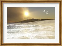 Framed Two white doves fly over waves coming to shore on a remote beach
