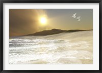 Framed Two white doves fly over waves coming to shore on a remote beach