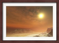 Framed Landscape scene of three mesa tabletop mountains in a wilderness area