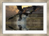 Framed Two Microraptor dinosaurs fly near mountain waterfalls in prehistoric times