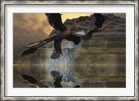 Framed Two Microraptor dinosaurs fly near mountain waterfalls in prehistoric times