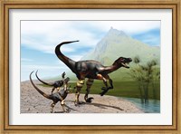 Framed Velociraptor offspring beg mother dinosaur for food near a pond