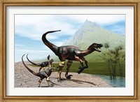 Framed Velociraptor offspring beg mother dinosaur for food near a pond