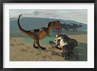 Framed Tyrannosaurus Rex eats the flesh of a dead Triceratops