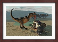 Framed Tyrannosaurus Rex eats the flesh of a dead Triceratops
