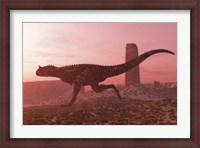 Framed Carnotaurus running in the early morning light on desert terrain