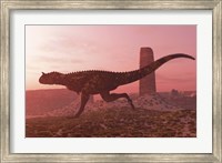 Framed Carnotaurus running in the early morning light on desert terrain