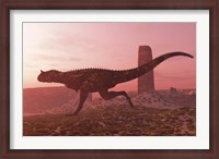 Framed Carnotaurus running in the early morning light on desert terrain