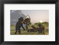 Framed pack of Saber Tooth Cats attack a small Woolly Mammoth