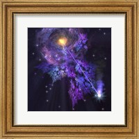 Framed shooting star radiates out from a black hole in the center of a galaxy