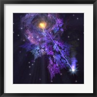Framed shooting star radiates out from a black hole in the center of a galaxy