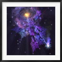 Framed shooting star radiates out from a black hole in the center of a galaxy