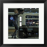 Framed young woman operating a holographic control center