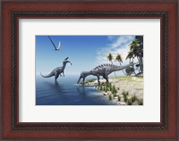 Framed Suchomimus dinosaurs feed on fish on the shoreline