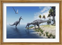 Framed Suchomimus dinosaurs feed on fish on the shoreline