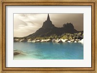Framed mountain spire overlooking the turquoise waters of a sea inlet