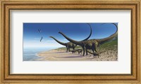Framed Diplodocus herd comes down to a lake for a drink of water