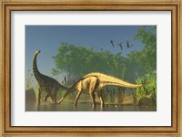 Framed Spinophorosaurus dinosaurs grazing the inhabited swamps of the Jurassic period