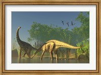 Framed Spinophorosaurus dinosaurs grazing the inhabited swamps of the Jurassic period