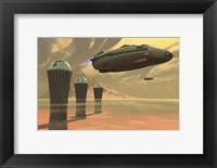 Framed Two spacecraft takeoff from a colony on a desert planet