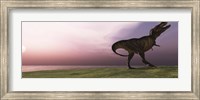 Framed Tyrannosaurus Rex dinosaur roars his defiance on an oceanside bluff
