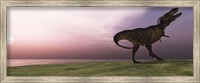 Framed Tyrannosaurus Rex dinosaur roars his defiance on an oceanside bluff