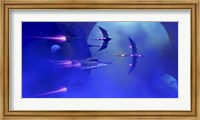 Framed Starships blast past a blue planet and its moons