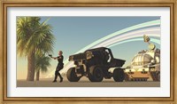 Framed female soldier draws her gun on a distant planet