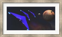 Framed Three spaceships from Earth travel to a planet near the Crab Nebula