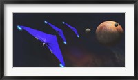 Framed Three spaceships from Earth travel to a planet near the Crab Nebula