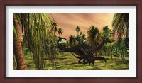 Framed Apatosaurus mother escorts her hatchling baby