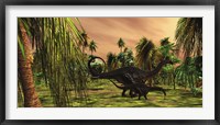 Framed Apatosaurus mother escorts her hatchling baby