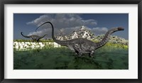 Framed Apatosaurus dinosaurs roam the wilderness of prehistoric times