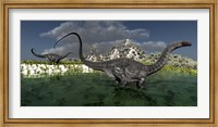 Framed Apatosaurus dinosaurs roam the wilderness of prehistoric times