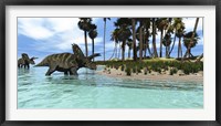 Framed Two Coahuilaceratops dinosaurs wade through tropical waters