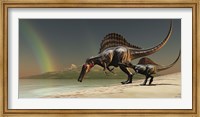 Framed mother Spinosaurus brings her offspring to a lake for a drink of water