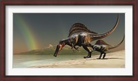 Framed mother Spinosaurus brings her offspring to a lake for a drink of water