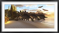 Framed Stegosaurus dinosaurs graze among the vegetation by a lake in the Jurassic Period