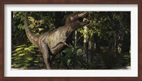 Framed mighty Tyrannosaurus Rex hunts for prey in a dense jungle