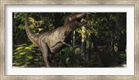 Framed mighty Tyrannosaurus Rex hunts for prey in a dense jungle