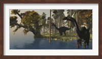 Framed Two Apatosaurus dinosaurs visit an island in prehistoric times