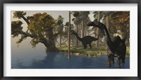 Framed Two Apatosaurus dinosaurs visit an island in prehistoric times