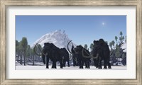 Framed herd of Woolly Mammoths migrate to a warmer climate in the Pleistocene Age
