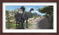 Framed Two Apatosaurus dinosaur wade through a lush pond