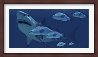 Framed school of fish encounter a monstrous Megalodon shark