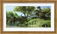 Framed Confrontation between two Tyrannosaurus Rex and a Coahuilaceratops